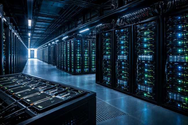 Representative image showing hyperscale data center infrastructure, reflecting how Meta Platforms Inc. is expanding AI compute capacity through large-scale NVIDIA-powered training and inference systems.
