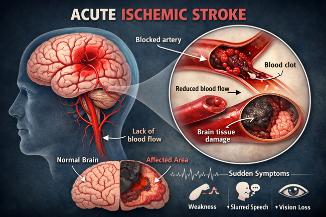 Representative illustration of acute ischemic stroke showing reduced blood flow and brain tissue damage, highlighting the disease context behind Lumosa Therapeutics Co., Ltd.’s LT3001 Phase 2 clinical trial results.