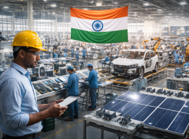 Representative image showing large-scale manufacturing activity in India, reflecting how the Production Linked Incentive Scheme is accelerating localisation, investment, and industrial output across electronics, automobiles, solar, and other strategic sectors.