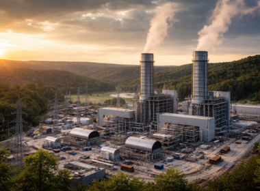 A representative image of a large-scale natural gas power plant set in a rural landscape, reflecting FirstEnergy Corp.’s plan to develop a 1,200-megawatt gas-fired facility in West Virginia as Mon Power Company and Potomac Edison Company move to strengthen long-term grid reliability and meet rising electricity demand.
