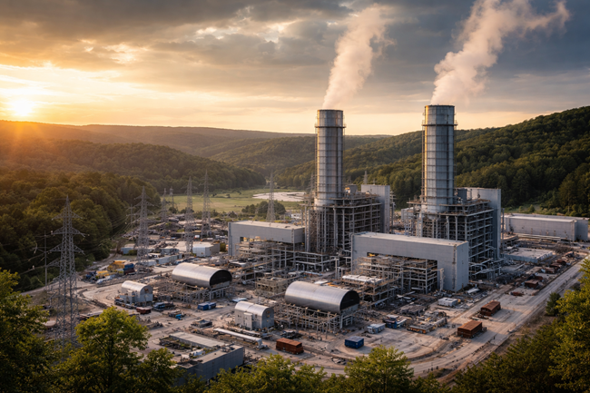 A representative image of a large-scale natural gas power plant set in a rural landscape, reflecting FirstEnergy Corp.’s plan to develop a 1,200-megawatt gas-fired facility in West Virginia as Mon Power Company and Potomac Edison Company move to strengthen long-term grid reliability and meet rising electricity demand.