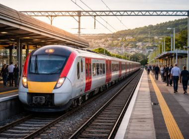 A modern passenger train at a railway station in Wales, reflecting the UK Government’s commitment to new stations and long-term rail investment across the Welsh rail network.