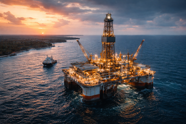Representative image showing an offshore drilling rig in West African waters, reflecting Eni S.p.A.’s Calao South gas and condensate discovery offshore Côte d’Ivoire and the region’s growing deepwater energy activity.