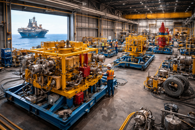 Representative image of offshore manufactured subsea equipment inside an industrial fabrication facility, reflecting Oil States International’s offshore-led strategy and backlog momentum highlighted in its Q4 2025 results.