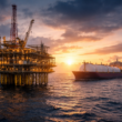 Representative image of an offshore oil platform and LNG carrier at sunset, reflecting TotalEnergies SE’s 2025 earnings performance and 2026 strategy focused on low-cost upstream growth, LNG expansion, and resilient energy cash flows.
