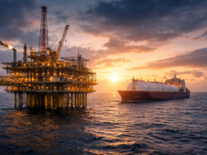 Representative image of an offshore oil platform and LNG carrier at sunset, reflecting TotalEnergies SE’s 2025 earnings performance and 2026 strategy focused on low-cost upstream growth, LNG expansion, and resilient energy cash flows.