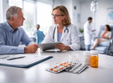 Representative image showing an oncology consultation focused on oral cancer therapy decisions, reflecting the US approval of AstraZeneca’s CALQUENCE plus venetoclax as a fixed-duration, all-oral first-line treatment option for chronic lymphocytic leukemia.