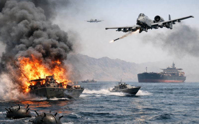 Representative image of United States Air Force A-10 Warthog aircraft targeting Iranian mine-laying vessels in the Strait of Hormuz, illustrating escalating US-Iran tensions and the deepening global oil supply crisis.