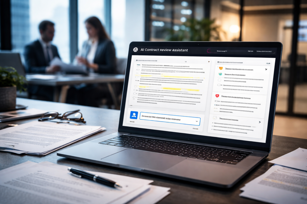 Representative image of AI-powered contract review software in a corporate legal workflow, illustrating how Docusign’s new AI contract review assistant could help streamline agreement analysis, redlining, and contract negotiations.