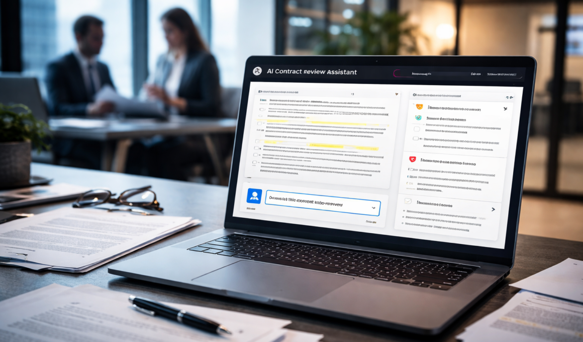 Representative image of AI-powered contract review software in a corporate legal workflow, illustrating how Docusign’s new AI contract review assistant could help streamline agreement analysis, redlining, and contract negotiations.