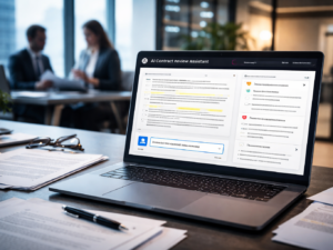 Representative image of AI-powered contract review software in a corporate legal workflow, illustrating how Docusign’s new AI contract review assistant could help streamline agreement analysis, redlining, and contract negotiations.