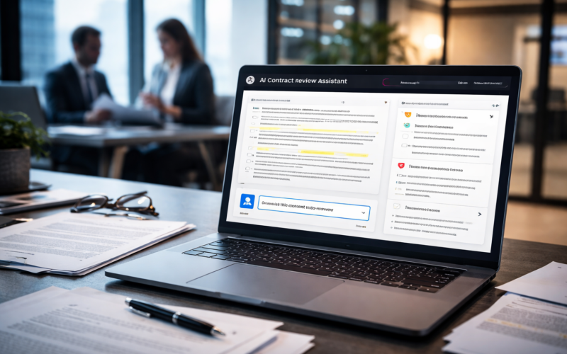 Representative image of AI-powered contract review software in a corporate legal workflow, illustrating how Docusign’s new AI contract review assistant could help streamline agreement analysis, redlining, and contract negotiations.