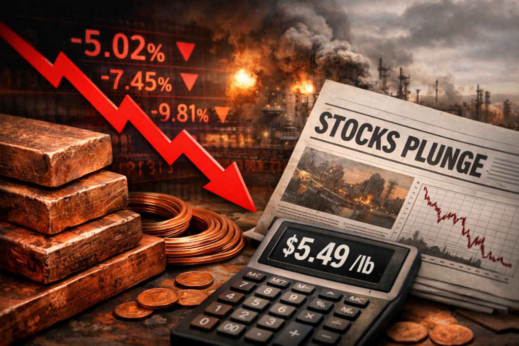 ASX copper stocks plunge as copper prices fall to $5.49/lb amid Iran war tensions and rising LME stockpiles — representative image of market volatility impacting global mining shares and commodity sentiment