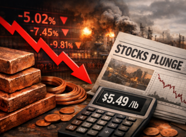 ASX copper stocks plunge as copper prices fall to $5.49/lb amid Iran war tensions and rising LME stockpiles — representative image of market volatility impacting global mining shares and commodity sentiment