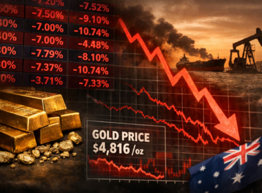 ASX gold stocks plunge 7–10% as hawkish Federal Reserve signals and Iran oil shock trigger sharp selloff across global gold markets — representative image of sector-wide volatility and falling gold prices in 2026