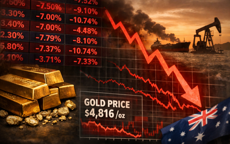 ASX gold stocks plunge 7–10% as hawkish Federal Reserve signals and Iran oil shock trigger sharp selloff across global gold markets — representative image of sector-wide volatility and falling gold prices in 2026