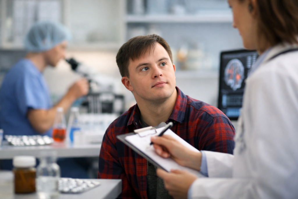Representative image of a clinical trial setting highlighting Aelis Farma’s Phase 2B AEF0217 study targeting cognitive and behavioral impairments in Down syndrome patients across Europe.