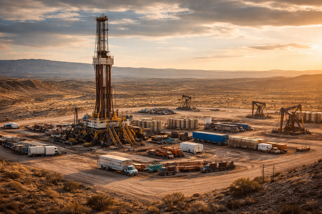 Representative image of a shale oil drilling site in Argentina’s Vaca Muerta basin, reflecting Pampa Energía’s $1.1 billion CapEx strategy to scale Rincón de Aranda production toward a 28,000 barrels per day plateau by mid-2026.