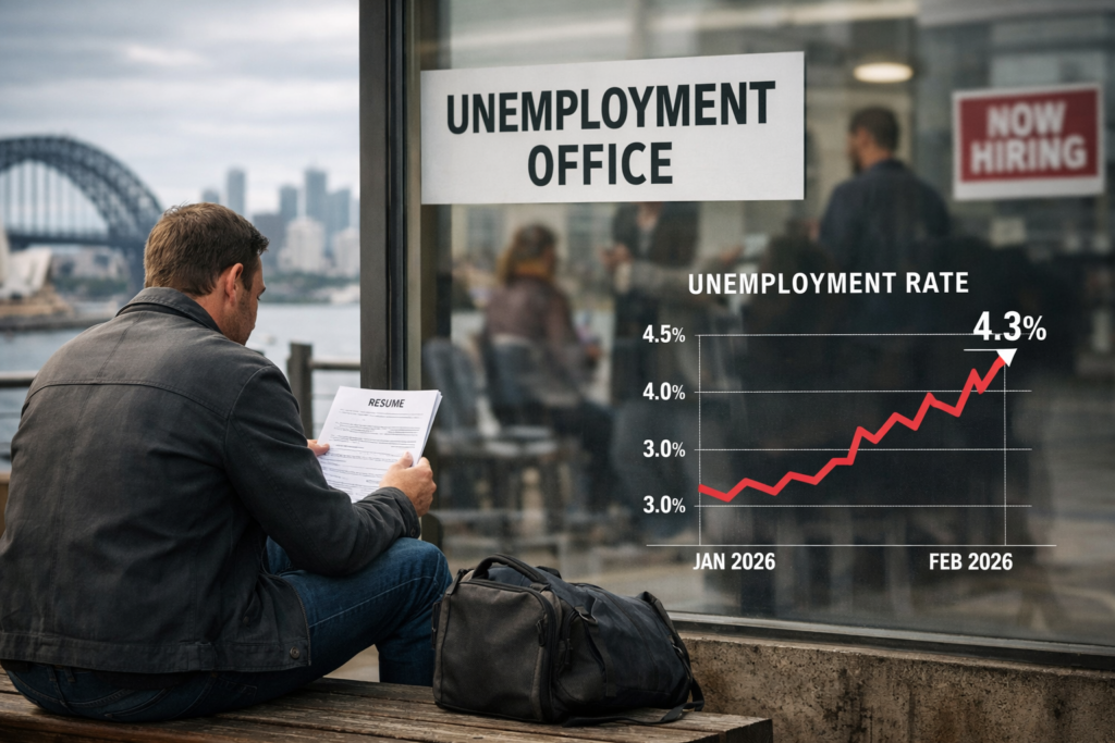 Australia unemployment rate rises to 4.3% in February 2026 as full-time jobs decline, highlighting labour market pressure and hiring slowdown across key sectors (Representative image)