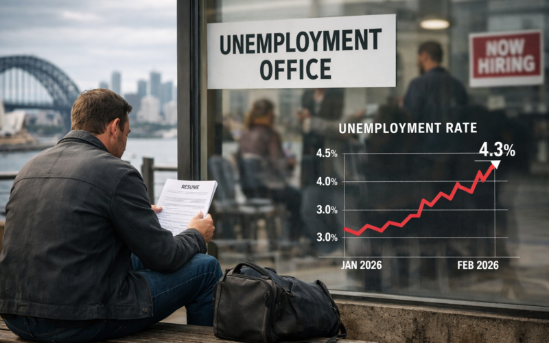 Australia unemployment rate rises to 4.3% in February 2026 as full-time jobs decline, highlighting labour market pressure and hiring slowdown across key sectors (Representative image)
