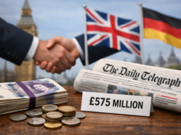 Representative image of a business handshake symbolizing the Axel Springer acquisition of Telegraph Media Group for £575 million, a deal set to end the British newspaper’s two-year ownership uncertainty and reshape the UK media landscape.