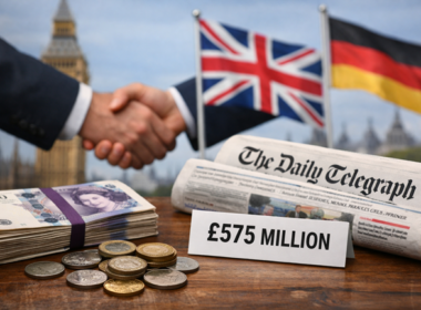 Representative image of a business handshake symbolizing the Axel Springer acquisition of Telegraph Media Group for £575 million, a deal set to end the British newspaper’s two-year ownership uncertainty and reshape the UK media landscape.