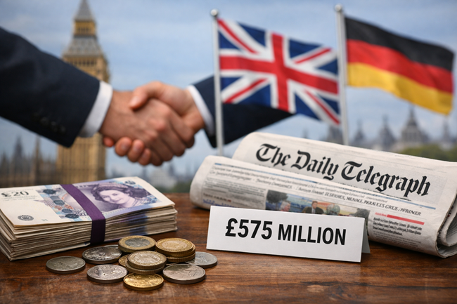 Representative image of a business handshake symbolizing the Axel Springer acquisition of Telegraph Media Group for £575 million, a deal set to end the British newspaper’s two-year ownership uncertainty and reshape the UK media landscape.