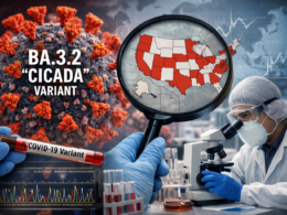 Representative image of the BA.3.2 “Cicada” COVID variant under surveillance as the Centers for Disease Control and Prevention tracks detections across 25 United States states and the World Health Organization flags potential immune escape risk.
