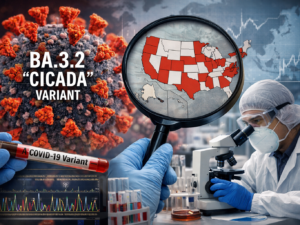 Representative image of the BA.3.2 “Cicada” COVID variant under surveillance as the Centers for Disease Control and Prevention tracks detections across 25 United States states and the World Health Organization flags potential immune escape risk.