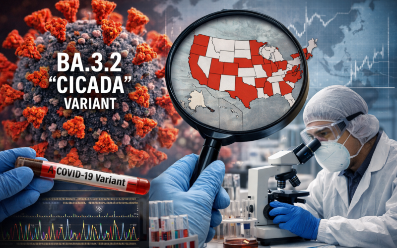 Representative image of the BA.3.2 “Cicada” COVID variant under surveillance as the Centers for Disease Control and Prevention tracks detections across 25 United States states and the World Health Organization flags potential immune escape risk.