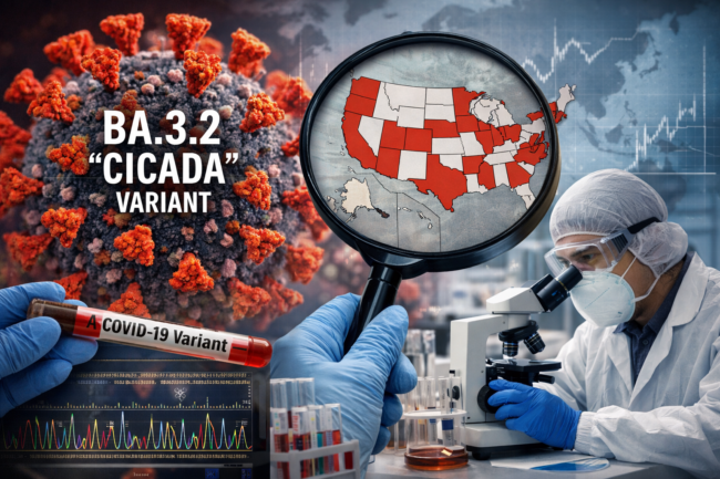 Representative image of the BA.3.2 “Cicada” COVID variant under surveillance as the Centers for Disease Control and Prevention tracks detections across 25 United States states and the World Health Organization flags potential immune escape risk.