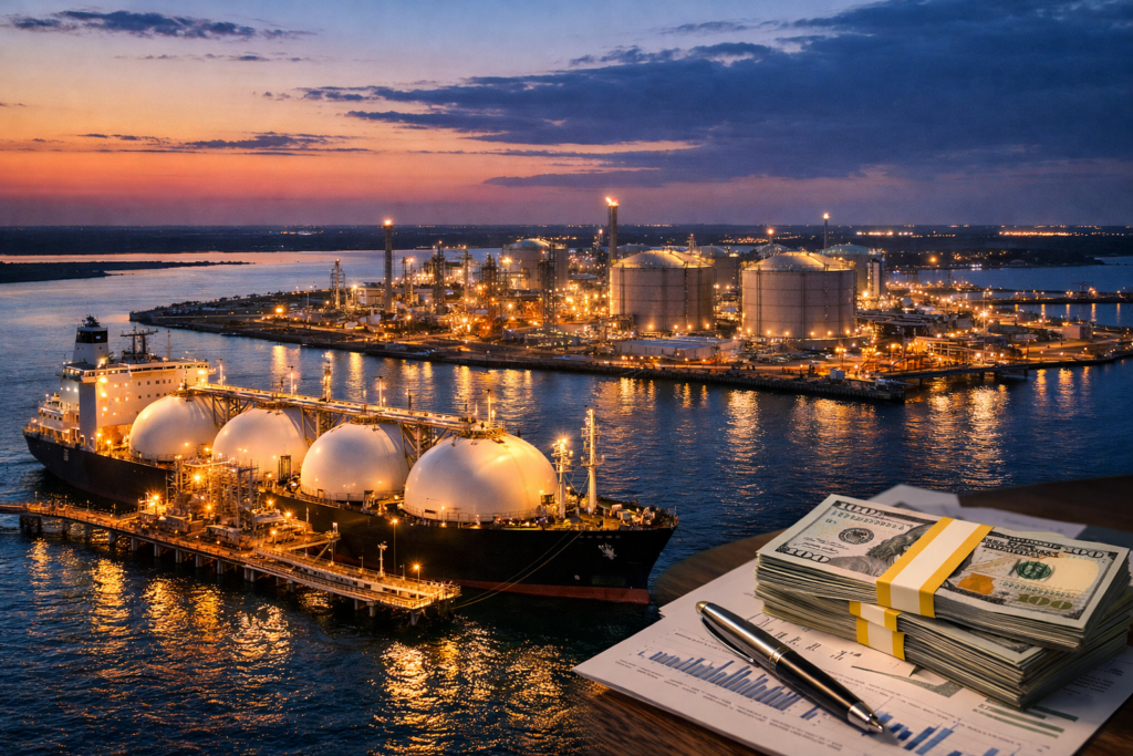 Representative image of a liquefied natural gas export terminal and LNG carrier, illustrating the scale of infrastructure behind Venture Global, Inc.’s CP2 LNG Phase 2 project in Louisiana, where the company secured $8.6 billion in financing and moved forward with its final investment decision to challenge Cheniere Energy for the title of largest United States LNG exporter.