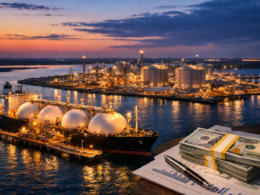 Representative image of a liquefied natural gas export terminal and LNG carrier, illustrating the scale of infrastructure behind Venture Global, Inc.’s CP2 LNG Phase 2 project in Louisiana, where the company secured $8.6 billion in financing and moved forward with its final investment decision to challenge Cheniere Energy for the title of largest United States LNG exporter.