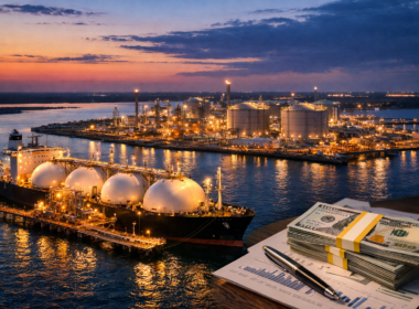 Representative image of a liquefied natural gas export terminal and LNG carrier, illustrating the scale of infrastructure behind Venture Global, Inc.’s CP2 LNG Phase 2 project in Louisiana, where the company secured $8.6 billion in financing and moved forward with its final investment decision to challenge Cheniere Energy for the title of largest United States LNG exporter.