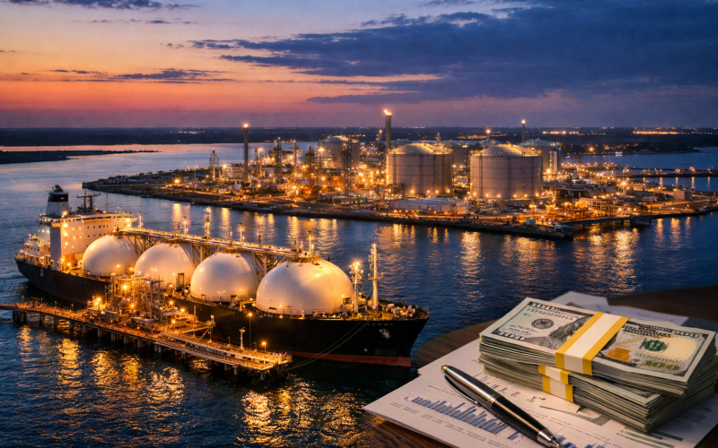 Representative image of a liquefied natural gas export terminal and LNG carrier, illustrating the scale of infrastructure behind Venture Global, Inc.’s CP2 LNG Phase 2 project in Louisiana, where the company secured $8.6 billion in financing and moved forward with its final investment decision to challenge Cheniere Energy for the title of largest United States LNG exporter.
