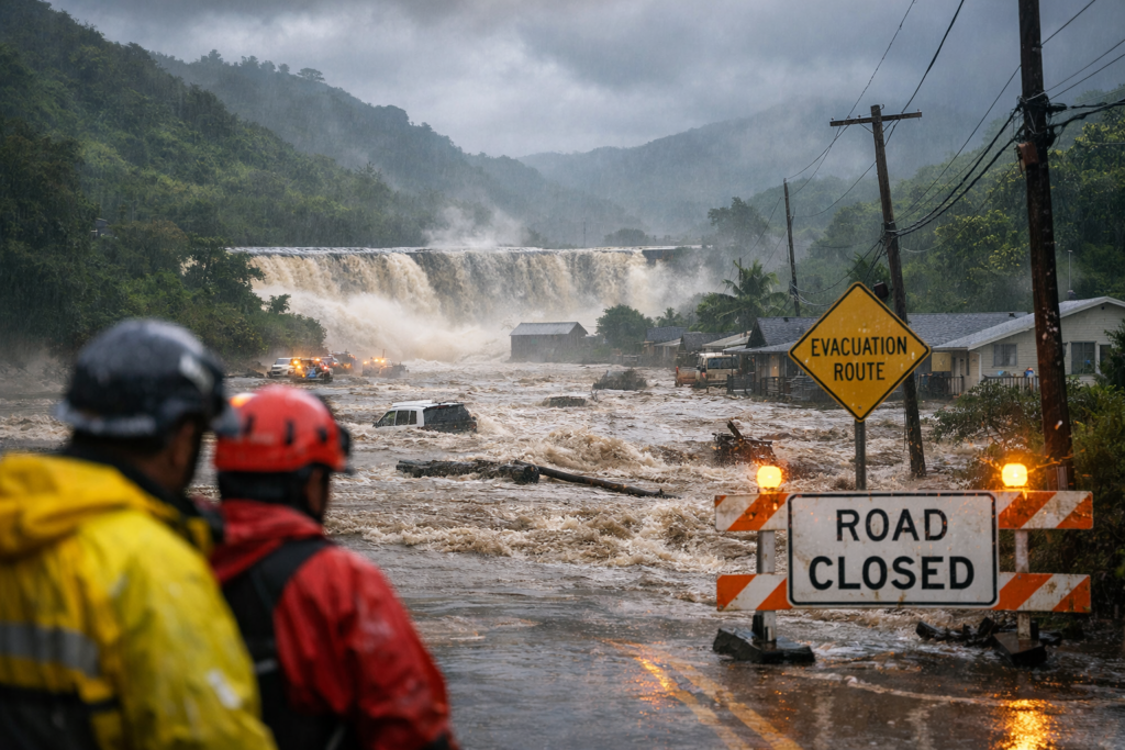 Catastrophic Kona low flooding on Oahu’s North Shore forces evacuations as Wahiawa Dam faces imminent failure risk, with fast-moving floodwaters submerging roads and homes in Hawaii — representative image.