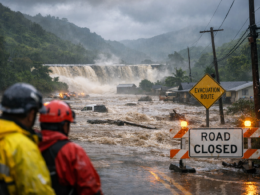 Catastrophic Kona low flooding on Oahu’s North Shore forces evacuations as Wahiawa Dam faces imminent failure risk, with fast-moving floodwaters submerging roads and homes in Hawaii — representative image.