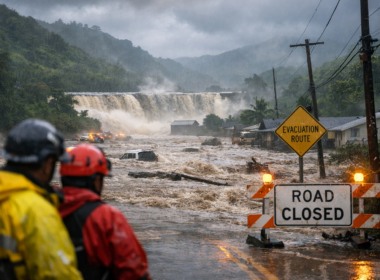 Catastrophic Kona low flooding on Oahu’s North Shore forces evacuations as Wahiawa Dam faces imminent failure risk, with fast-moving floodwaters submerging roads and homes in Hawaii — representative image.