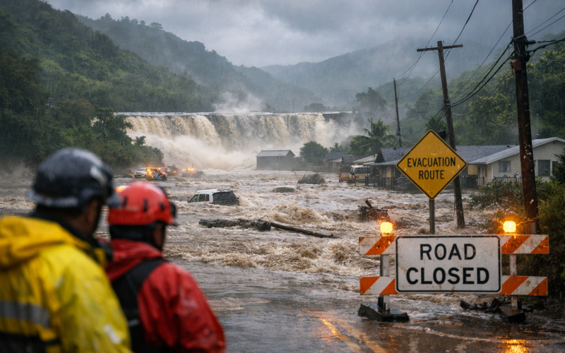 Catastrophic Kona low flooding on Oahu’s North Shore forces evacuations as Wahiawa Dam faces imminent failure risk, with fast-moving floodwaters submerging roads and homes in Hawaii — representative image.