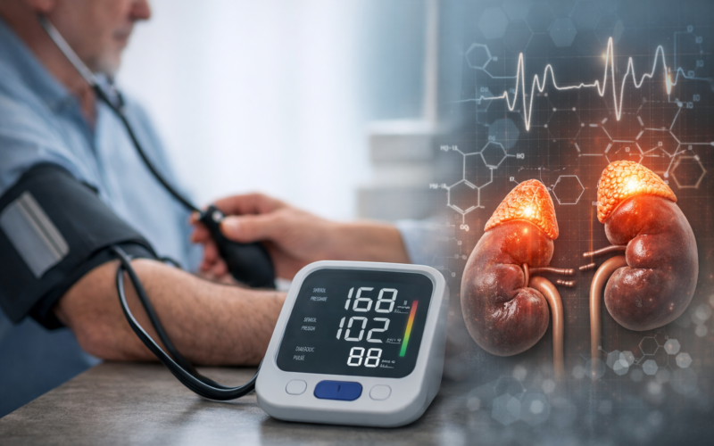 Representative image of resistant hypertension screening and cortisol-related disease, illustrating Corcept Therapeutics’ MOMENTUM trial findings on hypercortisolism prevalence in difficult-to-treat blood pressure patients.