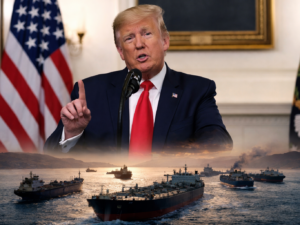 Representative image of United States President Donald Trump and oil tankers in the Strait of Hormuz, illustrating the story on Trump extending the Hormuz deadline again as United States-Iran indirect talks advance through Pakistan.