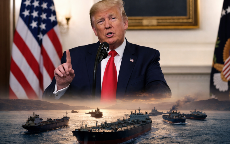 Representative image of United States President Donald Trump and oil tankers in the Strait of Hormuz, illustrating the story on Trump extending the Hormuz deadline again as United States-Iran indirect talks advance through Pakistan.