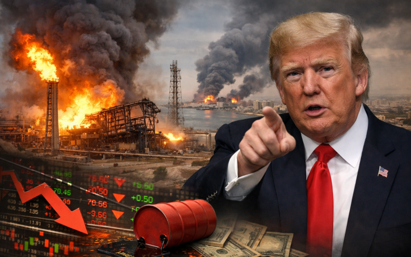 Representative image of escalating Middle East tensions as Donald Trump warns Israel against further strikes on Iran’s energy infrastructure, with Gulf energy markets burning and global oil prices and financial markets under pressure.
