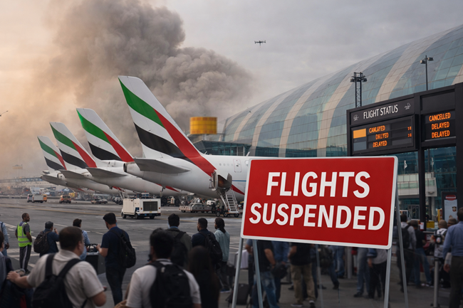 Representative image of grounded aircraft and disrupted airport operations illustrating the Emirates flight suspension at Dubai International Airport following an aerial interception, highlighting rising aviation security risks in the Gulf amid ongoing missile and drone threats.