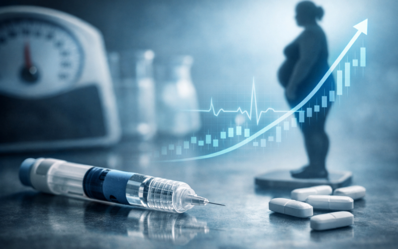 Representative image of a GLP-1 injection device and weight management concept, illustrating Novo Nordisk A/S’s Wegovy HD FDA approval and its potential to redefine weight loss outcomes in the global obesity treatment market.