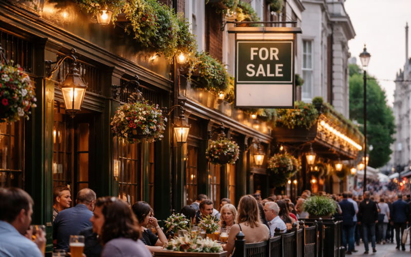 Greene King pub estate overhaul in the UK: A representative image of a traditional British pub with a ‘for sale’ sign, reflecting plans to sell 150 pubs and convert 300 sites amid industry restructuring.