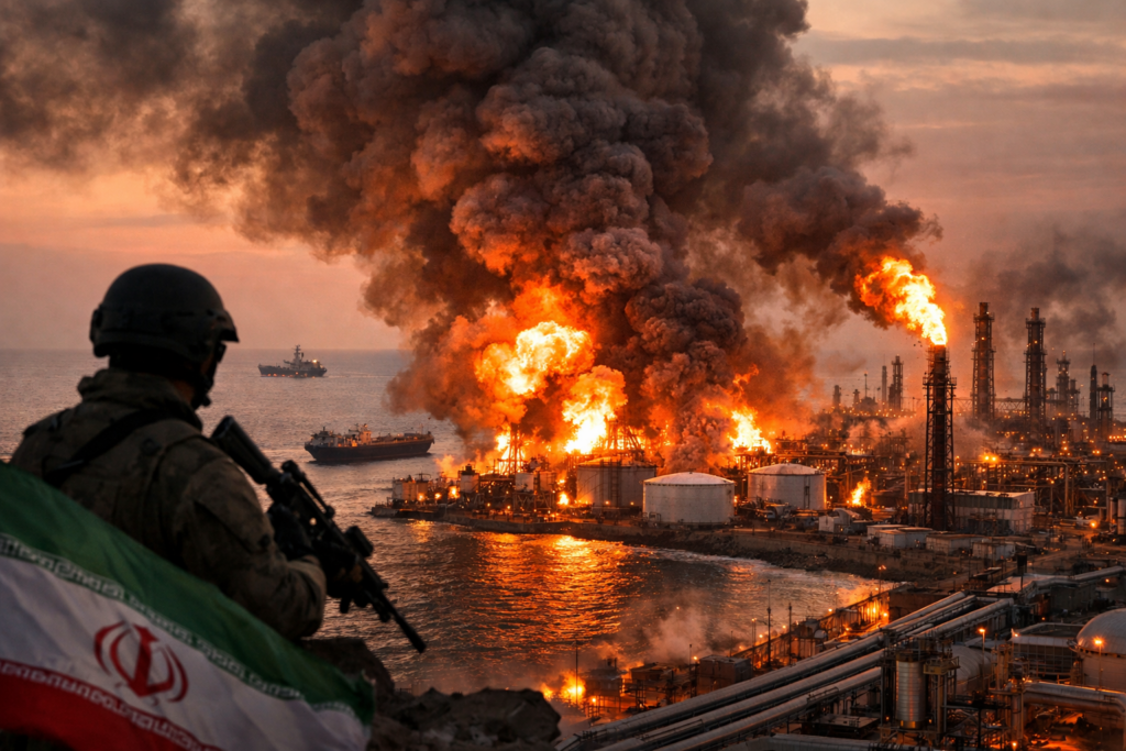Representative image of a Gulf oil refinery and energy infrastructure under threat, illustrating rising geopolitical tensions after Iran warns it could target regional oil facilities if the United States strikes power plants, escalating fears of a broader energy crisis and prolonged oil price surge.