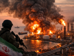 Representative image of a Gulf oil refinery and energy infrastructure under threat, illustrating rising geopolitical tensions after Iran warns it could target regional oil facilities if the United States strikes power plants, escalating fears of a broader energy crisis and prolonged oil price surge.