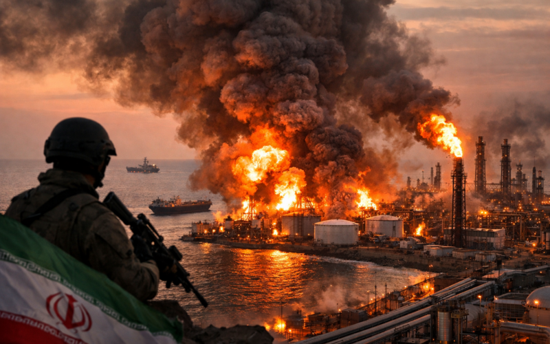 Representative image of a Gulf oil refinery and energy infrastructure under threat, illustrating rising geopolitical tensions after Iran warns it could target regional oil facilities if the United States strikes power plants, escalating fears of a broader energy crisis and prolonged oil price surge.