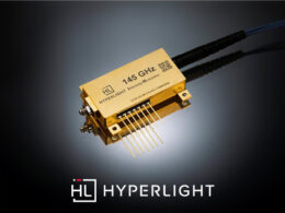 HyperLight’s 145 GHz intensity modulator designed for 448Gbps per lane IMDD links and 260GBaud coherent transmission, delivering more than 145GHz electro-optical bandwidth with stable bias control and a 0.8 mm RF connector, available across O-, C-, and L-band wavelength configurations.
